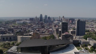 5.7K aerial stock footage fly over Crown Center office building, approach Downtown Kansas City, Missouri Aerial Stock Footage | DX0001_001090