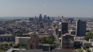 5.7K aerial stock footage fly over Crown Center office building, approach Downtown Kansas City, Missouri Aerial Stock Footage | DX0001_001091