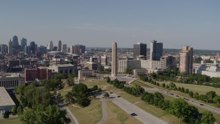 5.7K aerial stock footage of the WWI memorial, the Downtown Kansas City, Missouri skyline, and Crown Center Aerial Stock Footage | DX0001_001106