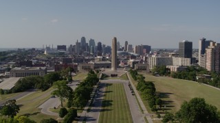 5.7K aerial stock footage fly away from skyline and the WWI memorial, Downtown Kansas City, Missouri Aerial Stock Footage | DX0001_001114