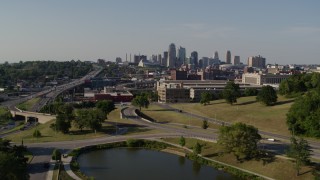 5.7K aerial stock footage approach government office building and city's skyline, Downtown Kansas City, Missouri Aerial Stock Footage | DX0001_001126