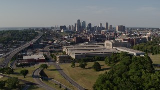 5.7K aerial stock footage flyby a government building and city's skyline, Downtown Kansas City, Missouri Aerial Stock Footage | DX0001_001133