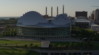 5.7K aerial stock footage of orbiting a concert hall in Downtown Kansas City, Missouri Aerial Stock Footage | DX0001_001144