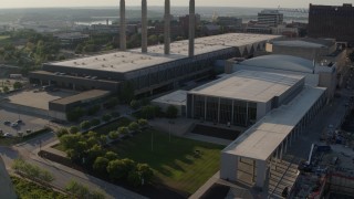 5.7K aerial stock footage of a reverse view of the convention center in Downtown Kansas City, Missouri Aerial Stock Footage | DX0001_001146