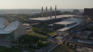 DX0001_001147 - 5.7K aerial stock footage of a stationary view of the convention center in Downtown Kansas City, Missouri