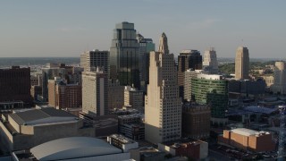 5.7K aerial stock footage of a stationary view of tall skyscrapers in Downtown Kansas City, Missouri Aerial Stock Footage | DX0001_001152