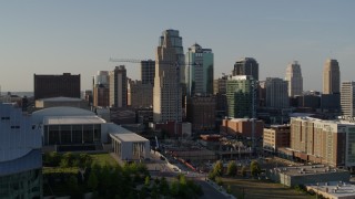 5.7K aerial stock footage flying by skyscrapers in Downtown Kansas City, Missouri Aerial Stock Footage | DX0001_001156