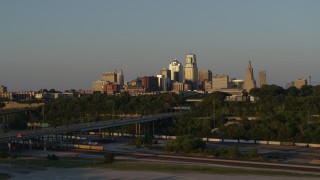 5.7K aerial stock footage of the skyline at sunset in Downtown Kansas City, Missouri Aerial Stock Footage | DX0001_001167