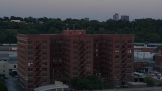 5.7K aerial stock footage orbit front of brick office building at twilight, Kansas City, Missouri Aerial Stock Footage | DX0001_001185