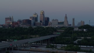 5.7K aerial stock footage descend and flyby skyline at twilight, Downtown Kansas City, Missouri Aerial Stock Footage | DX0001_001196