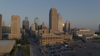 5.7K aerial stock footage flyby city hall and skyscraper at sunrise, reveal office building, Downtown Kansas City, Missouri Aerial Stock Footage | DX0001_001209