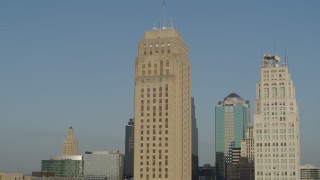 DX0001_001243 - 5.7K aerial stock footage orbit at static view of city hall at sunrise, Downtown Kansas City, Missouri