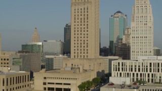 5.7K aerial stock footage orbit middle of city hall building at sunrise, Downtown Kansas City, Missouri Aerial Stock Footage | DX0001_001244