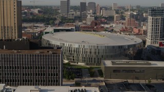 5.7K aerial stock footage of orbiting a downtown arena at sunrise, Downtown Kansas City, Missouri Aerial Stock Footage | DX0001_001254