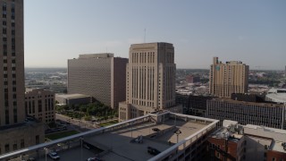 5.7K aerial stock footage of flying toward the downtown courthouse at sunrise, Downtown Kansas City, Missouri Aerial Stock Footage | DX0001_001265