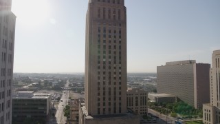 DX0001_001269 - 5.7K aerial stock footage orbit city hall front steps at sunrise and tilt to front steps, Downtown Kansas City, Missouri