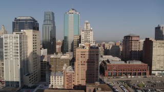 5.7K aerial stock footage of a stationary view of downtown's tall skyscrapers at sunrise, Downtown Kansas City, Missouri Aerial Stock Footage | DX0001_001277