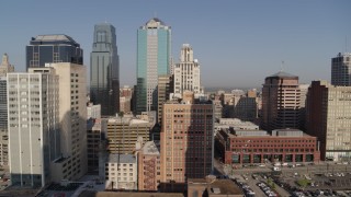 5.7K aerial stock footage of orbiting a tall downtown skyscraper at sunrise, Downtown Kansas City, Missouri Aerial Stock Footage | DX0001_001278