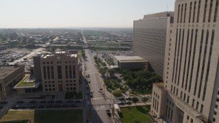 5.7K aerial stock footage flyby the police station at sunrise, Downtown Kansas City, Missouri Aerial Stock Footage | DX0001_001285