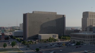 5.7K aerial stock footage approach entrance to a government office building in Downtown Kansas City, Missouri Aerial Stock Footage | DX0001_001326