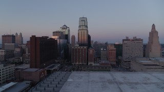 5.7K aerial stock footage approach skyscrapers at twilight, pause for static view, in Downtown Kansas City, Missouri Aerial Stock Footage | DX0001_001371