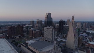 5.7K aerial stock footage flyby a group of skyscrapers at twilight in Downtown Kansas City, Missouri Aerial Stock Footage | DX0001_001374