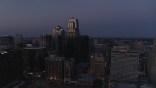 5.7K aerial stock footage descend with a view of skyscrapers at twilight in Downtown Kansas City, Missouri Aerial Stock Footage | DX0001_001394