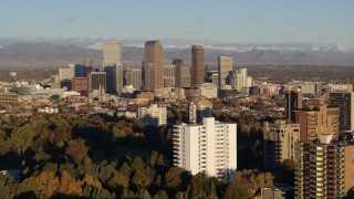 5.7K aerial stock footage of a view of tall skyscrapers in Downtown Denver, Colorado at sunrise Aerial Stock Footage | DX0001_001420