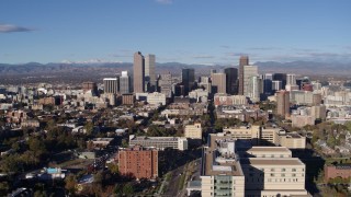 5.7K aerial stock footage of a stationary view of the city's skyscrapers in Downtown Denver, Colorado Aerial Stock Footage | DX0001_001429