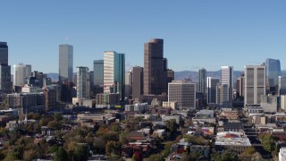 5.7K aerial stock footage stationary and reverse view of the city's skyscrapers in Downtown Denver, Colorado Aerial Stock Footage | DX0001_001450