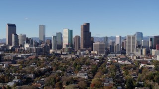 DX0001_001451 - 5.7K aerial stock footage reverse view of the city's skyscrapers in Downtown Denver, Colorado skyline