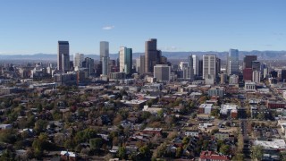 DX0001_001465 - 5.7K aerial stock footage of skyscrapers in Downtown Denver skyline, Colorado, seen during slow flyby