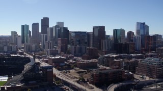 5.7K aerial stock footage of a stationary view and flyby of skyline in Downtown Denver, Colorado Aerial Stock Footage | DX0001_001478