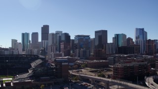 5.7K aerial stock footage of a stationary view of the city skyline in Downtown Denver, Colorado Aerial Stock Footage | DX0001_001490