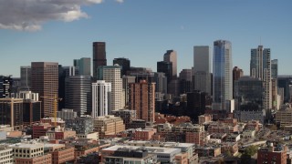 DX0001_001519 - 5.7K aerial stock footage of a slow pass by the city skyline in Downtown Denver, Colorado