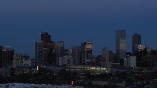 5.7K aerial stock footage of the city's downtown skyscrapers by the convention center at twilight, Downtown Denver, Colorado Aerial Stock Footage | DX0001_001592