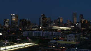 5.7K aerial stock footage of the city skyline and convention center at twilight, Downtown Denver, Colorado Aerial Stock Footage | DX0001_001606