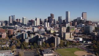 5.7K aerial stock footage stationary view the city's skyline, office and apartment buildings in foreground, Downtown Denver, Colorado Aerial Stock Footage | DX0001_001668