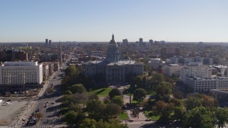 5.7K aerial stock footage of passing by the Colorado State Capitol, Downtown Denver, Colorado Aerial Stock Footage | DX0001_001686