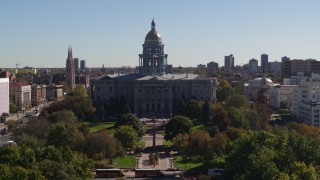 5.7K aerial stock footage of the Colorado State Capitol during descent to stationary view, Downtown Denver, Colorado Aerial Stock Footage | DX0001_001711