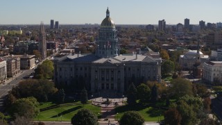 5.7K aerial stock footage fly away from the Colorado State Capitol during descent, Downtown Denver, Colorado Aerial Stock Footage | DX0001_001713