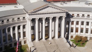 DX0001_001718 - 5.7K aerial stock footage close-up view of front of the Denver City Council in Downtown Denver, Colorado