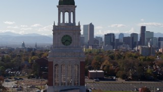 DX0001_001748 - 5.7K aerial stock footage of orbiting a clock tower, Denver, Colorado