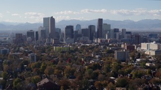 5.7K aerial stock footage of the city's skyline with Rockies in the background, Downtown Denver, Colorado Aerial Stock Footage | DX0001_001749