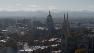 5.7K aerial stock footage of the Colorado State Capitol seen while flying cathedral, Downtown Denver, Colorado Aerial Stock Footage | DX0001_001758