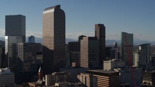 5.7K aerial stock footage passing by Wells Fargo Center and nearby skyscrapers in Downtown Denver, Colorado Aerial Stock Footage | DX0001_001773