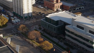 5.7K aerial stock footage approach a police crime lab and descend in Downtown Denver, Colorado Aerial Stock Footage | DX0001_001802