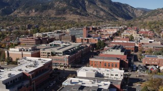 DX0001_001913 - 5.7K aerial stock footage of a stationary view of brick office buildings and shops in Boulder, Colorado