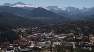 DX0001_001970 - 5.7K aerial stock footage of the Rocky Mountains and the town of Estes Park, Colorado