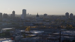 5.7K aerial stock footage of the domed cathedral at sunrise in Downtown Minneapolis, Minnesota Aerial Stock Footage | DX0001_002089